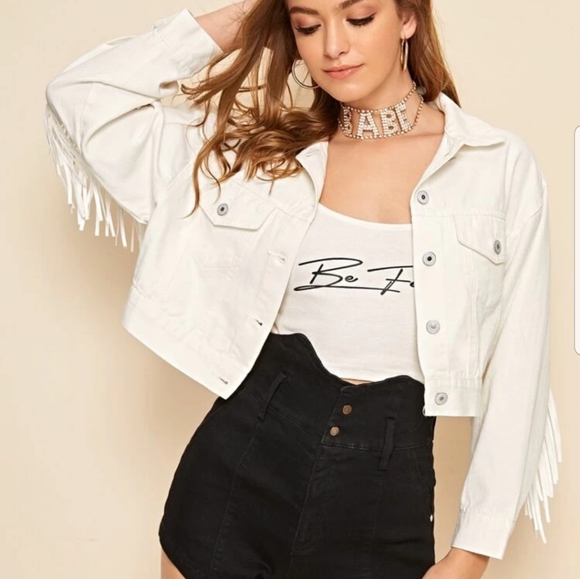 ■SOLD OUT■WHITE WASH FRINGE DETAIL DENIM JACKET - Picture 2 of 8